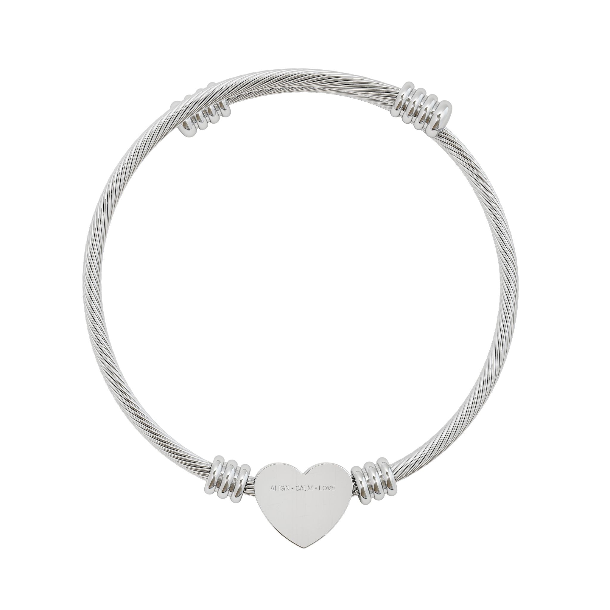Minimal silver heart cuff bracelet engraved with ALIGN CALM LOVE, a mindful intention bangle for everyday wear