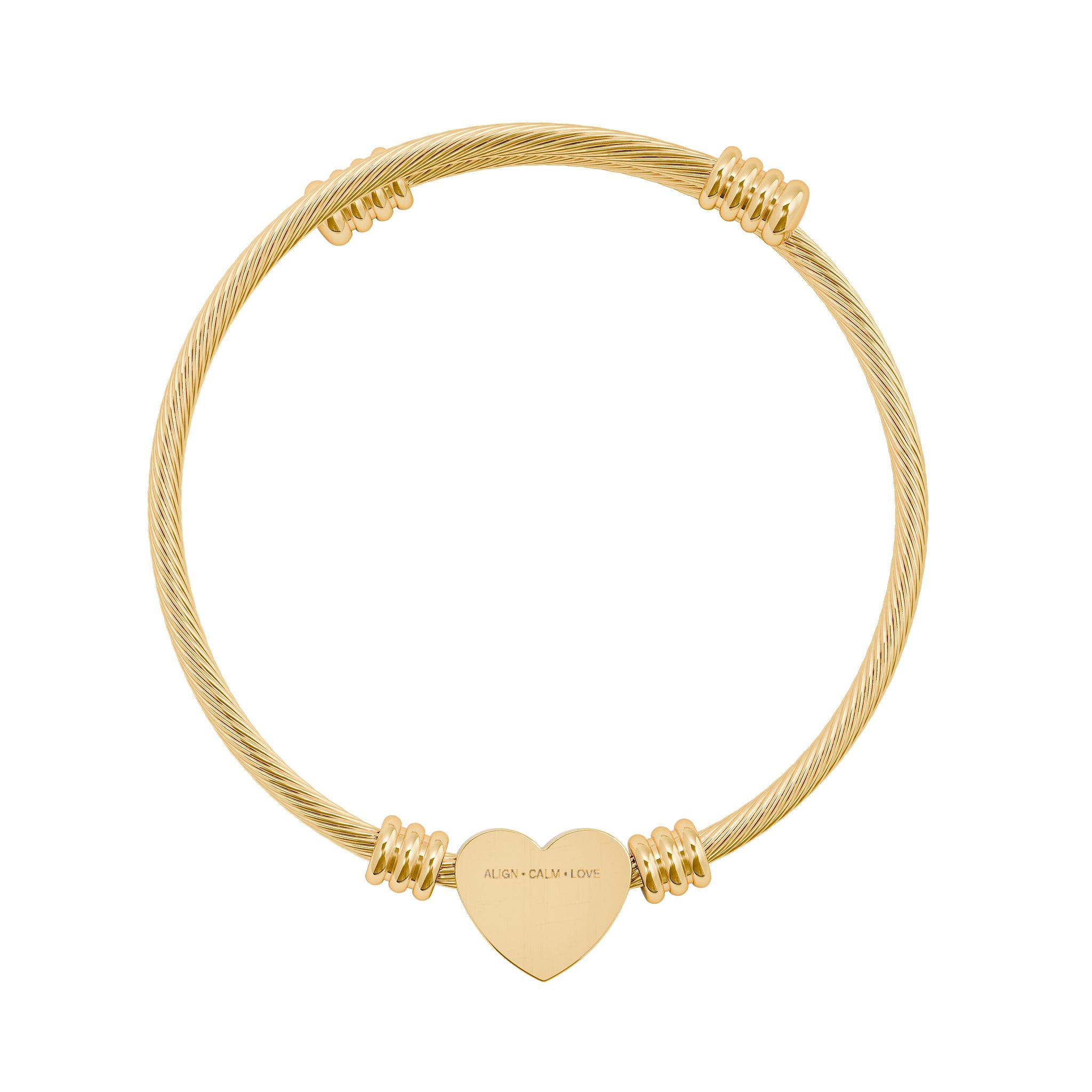 Minimal gold heart cuff bracelet engraved with ALIGN CALM LOVE, a calming intention bangle with heart detail